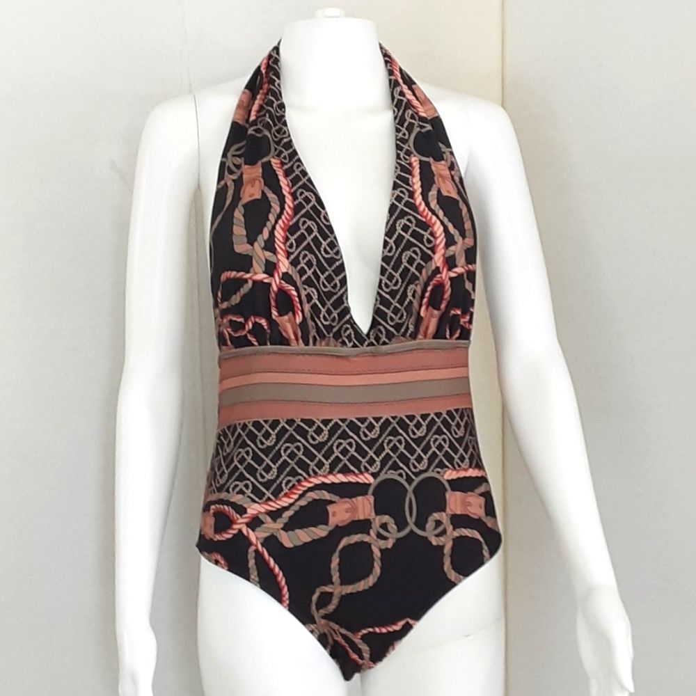 NWT Mermaid Swimwear Black Chain Link Plunging Halter One-piece Swimsuit Sz M